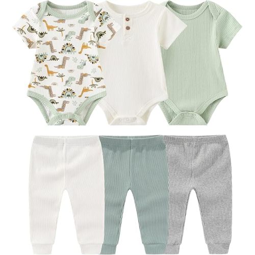 Ruliby Baby Bodysuit and Pant Set 6-pcs Ribbed Soft Infant Boy Girl Clothes | Newborn basic clothing set, bulk mixed and matched