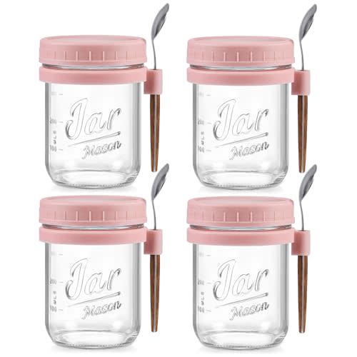 LANDNEOO 4 Pack Overnight Oats Containers with Lids and Spoons, 16 oz Glass Mason Jars with Airtight Lids, Overnight Oats Jars for Milk, Cereal, Fruit-Pink
