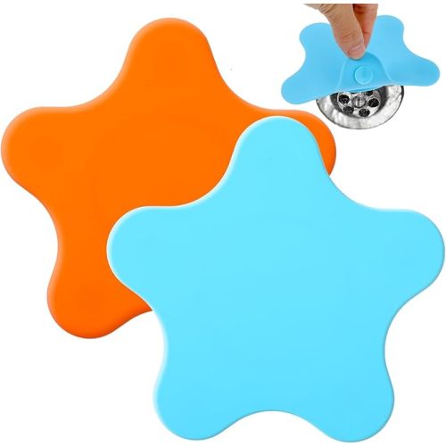 Molain 2 Pack Tub Stopper, Bathtub Stopper Silicone Drain Plug Hair Stopper Adorable Pentagram Illustration Flat Suction Cover for Kitchen Bathroom Accessories and Laundry(Blue&Orange)