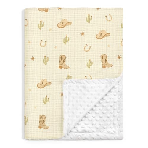 SANDJEST Cowboy Minky Muslin & Dotted Blanket 30x40 in Gift for Holiday, Gender Reveal Party, Hospital Visit, Baptism