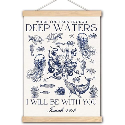 DNEULYR Marine Life Christian Canvas Wall Art, Isaiah 43:2 Bible Verse Wall Decor, Ocean Room Decor, Coastal Nautical Religious Prints Poster for Kids Bedroom Nursery Home, 12x16 Inches