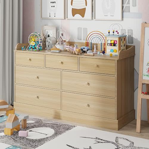 Vabches Kids Dresser Cabinet with 7 Drawers, Changing Table for Nursery, White Chest of Drawers, Baby Dresser, Kids Bedroom Furniture, Nightstand for Child’s Room,Natural