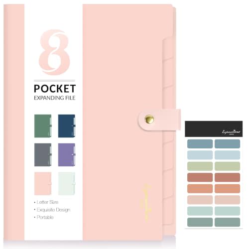 Sooez Elegant Accordion File Organizer with Labels, 8 Pocket Expanding File Folder, Portable Folders for Documents, Cute Paper Organizer for School Office Supplies, Letter Size, Pink | Portable Folders for Documents, Cute Paper Organizer with Labels, f...