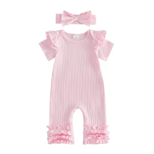 Newborn Baby Girl Clothes Jumpsuit Ruffle Trim Short Sleeve Romper Bodysuit Headband Coming Home Hospital Outfits
