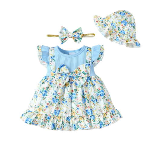 Kucnuzki Newborn Baby Girl Clothes 0 Months Spring Summer Dress 3 Months Fly Sleeve Fake-Camisole Stitching Floral Prints Dress Hat&Headband 3PCS Set Blue 3-6 Months