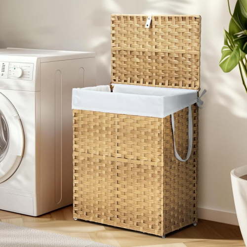 Kelno 90L Laundry Basket with Lid Foldable Rattan Clothes Hamper with Removable Liner Bag, Natural