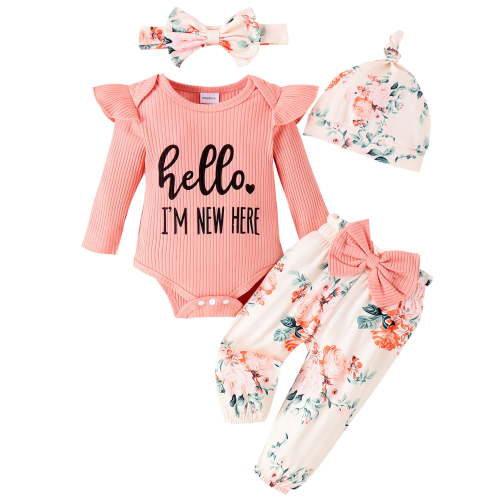WIBACKER Newborn Baby Girl 4Pcs Outfit, Infant Girl Outfits Long Sleeve Ruffle Romper + Floral Pants + Headband +Hat Set Clothes