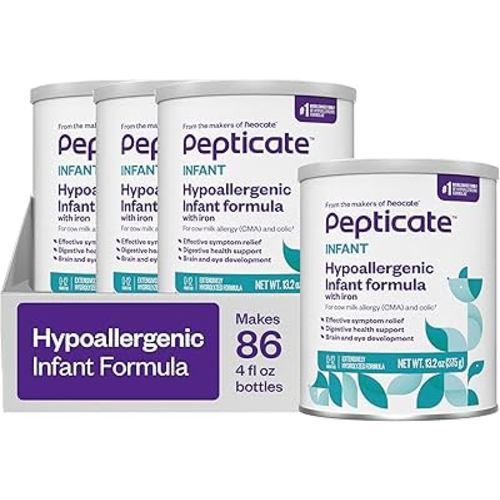 Pepticate Baby Formula, Hypoallergenic Powdered Infant Formula for Cow Milk Allergy, with Omega 3 DHA, ARA, Iron & Prebiotics, 13.2oz (Pack of 4)