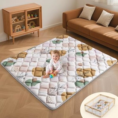 Dessports Boho Baby Play Mat - 74x50 Foldable Machine Washable Thick Sponge Padded Floor Mat - Non Slip Tummy Time Playpen Rug for Indoor Outdoor Room Decor