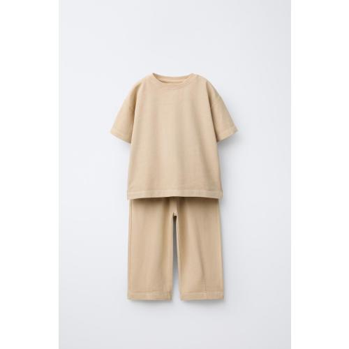 PLAIN WIDE LEG T-SHIRT AND PANTS SET - Light brown | ZARA United States