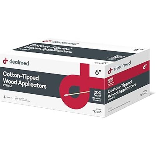 Dealmed 6" Cotton-Tipped Wood Applicators – 200 Sterile Cotton-Tipped Applicators for Application of Medication, Cleaning Skin, Arts, Crafts and More (Box of 200)