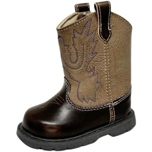 Faux-leather, Rubber-soled, Kids Round Toe Western Boot for Toddler Boys or Girls with Ornamental Cowboy Stitching and Hook-and-loop Closure