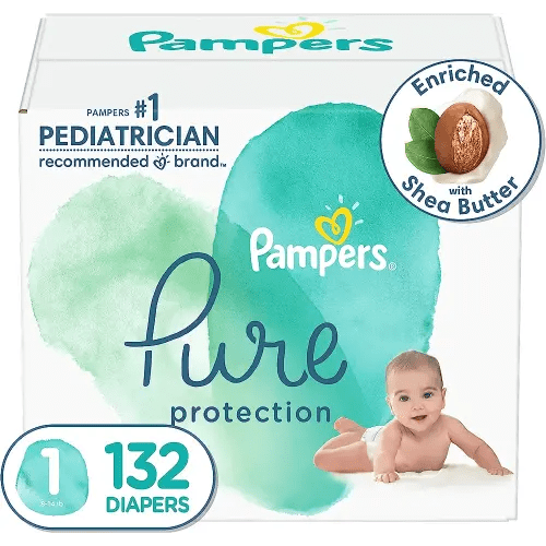 Diapers Size 1, 132 Count - Pampers Pure Protection Disposable Baby Diapers, Hypoallergenic and Unscented Protection, Enormous Pack (Packaging & Prints May Vary)