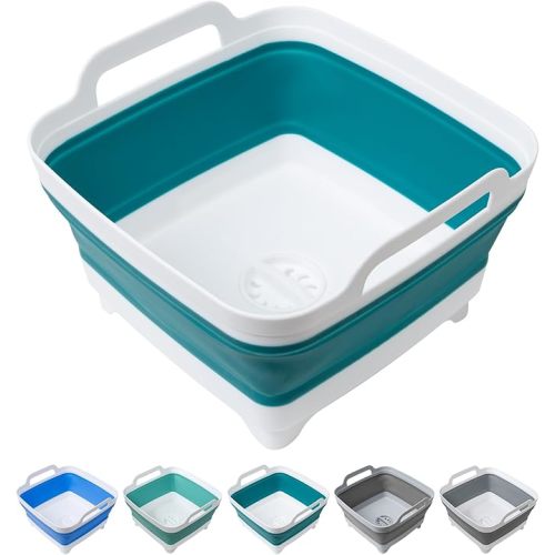 Tiawudi Dishpan for Washing Dishes, 2.4Gal/9L Wash Basin with Draining Plug Carry Handles, Collapsible Bucket for Cleaning, Portable Sink, Foldable Plastic Tub, 1PC