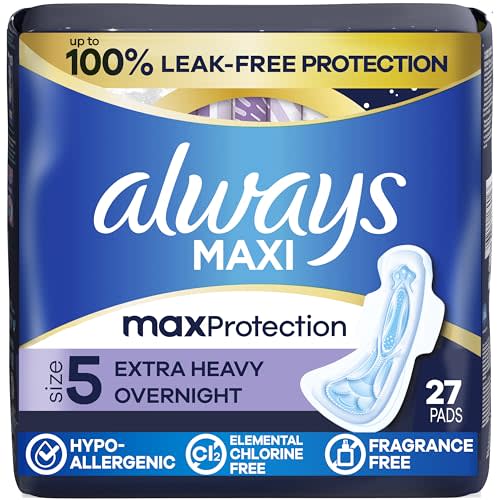 Always Maxi Overnight Feminine Pads with Wings for Women, Size 5, Extra Heavy Overnight Absorbency, Unscented, Up to 100% Leak-Free Protection, 27 Count