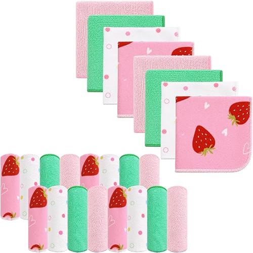 Softan Baby Washcloths, 24Pack Baby Wash Cloths Extra Soft & Ultra Absorbent, Baby Towels and Face Towels for Unisex Boys Girls Body, Washclothes Gentle on Sensitive Skin, 9x9 Pink Heart Strawberries