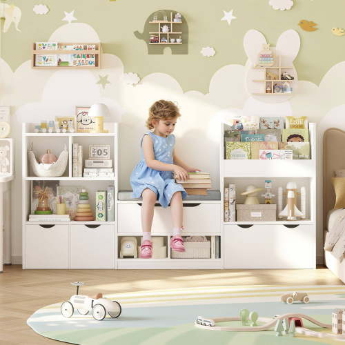 Hiphuta 72"Wide Kids Bookcase with Reading Nook and Under Bench Storage, Wooden Toy Storage Organizer & Book Rack for Kids Room, White