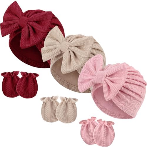 DRESHOW BQUBO Newborn Baby Hospital Hats Beanie Bow Infant Caps Baby Cotton No Scratch Mittens Set for 0-6 Months