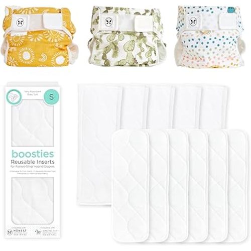 Honest Hybrid Cloth Diaper Cover + Super Boosties Reusable Inserts, Small (8-15 lbs), Cotton Muslin Honest Covers Feature Pocket-Sling, 3 Pack, Boosties Inserts 10 Count