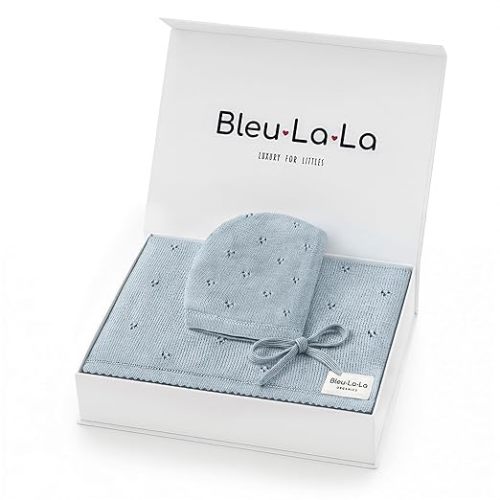 Baby Gift Set - Organic Cotton Newborn Blanket Essentials, Newborn Baby Boy Gifts, Baby Boy Baptism Gifts (Pointelle - Powder Blue)