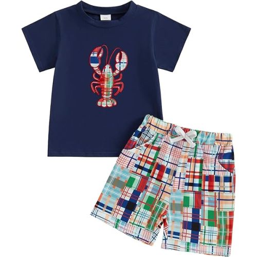 Finegoodwei Toddler Baby Boy Summer Outfits Short Sleeve Embroidered T Shirt Tees + Striped/Plaid Shorts Infant Clothes Set
