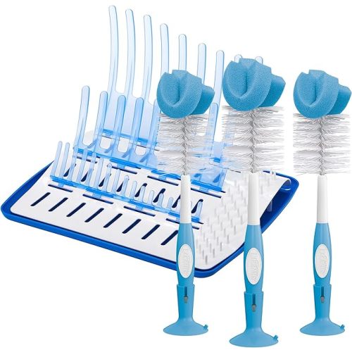 Dr. Brown's Reusable Sponge Baby Bottle Cleaning Brush Set with Suction Cup Stand, Scrubber and Nipple Cleaner, Blue 3-Pack