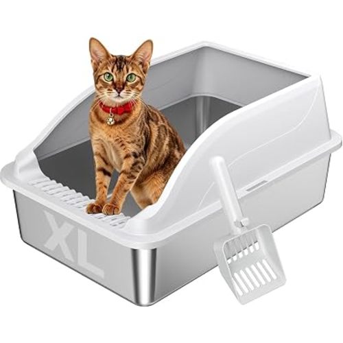 Stainless Steel Cat Litter Box, Extra Large XL Odor Free Metal Litter Box with High Sides Lid, Open Top Litter Pan Include Scoop Easy Cleaning Kitty Cat Box Anti-Urine Leakage, Non-Sticky