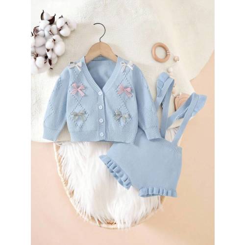 SHEIN Baby Girls Knitted Long Sleeve Cardigan Sweater + Suspender Romper Two Pieces Set, Elegant & Stylish, Suitable For Autumn/Winter, Versatile For Daily Casual, Indoor, Outdoor, And Travel Fall | SHEIN USA