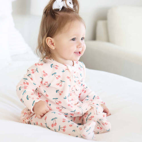 Cherry On Top Bamboo Waffle Ruffle Zipper Footie