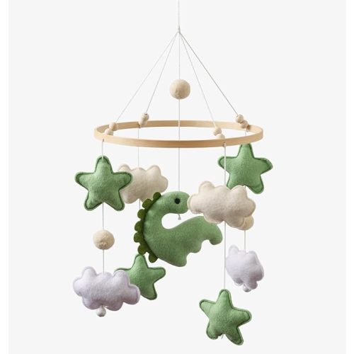 Moyii Baby Crib Mobile for Nursery - Handmade Felt Dinosaur Hanging Mobile - Green Dino Ceiling Decor for Boys Girls - Neutral Boho Jungle - Newborn Baby Shower Gift