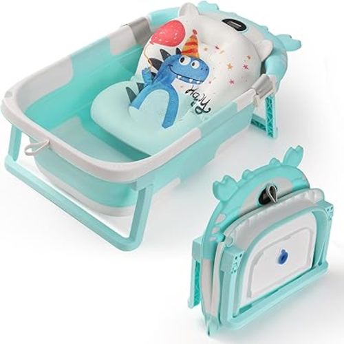 Baby Bathtub,Collapsible Baby Bath Tub with Thermometer & Soft Floating Cushion,Portable Travel Baby Bathtubs for Newborns to Toddlers 0-36 Months(Crab Green)