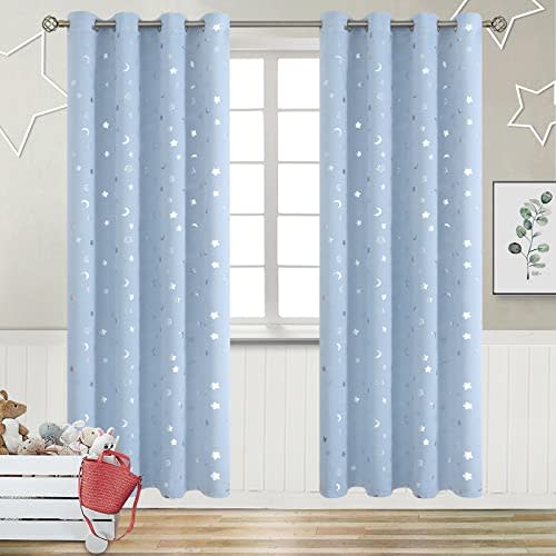 BGment Kids Curtains for Bedroom 84 Inch Length, Nursery Star and Moon Blackout Curtains for Boys, Decoration Thermal Insulated Room Darkening Window Curtains for Girls Babys, Spa Blue, 52 Wide