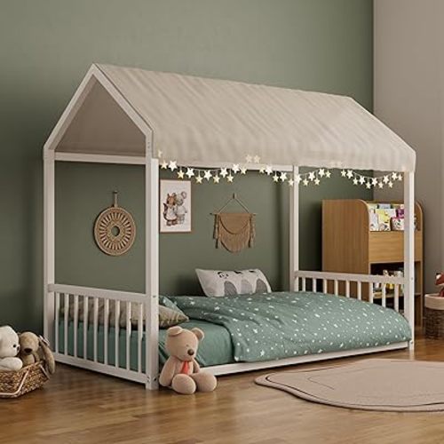 Merax Twin Floor Bed Frame, Montessori Style Metal House Shaped Kids Bed with Vertical Safety Guardrails, No Slats, Grounded Design for Kids and Toddlers, Easy Assembly, White
