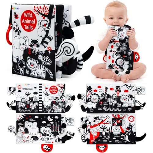 OKOOKO Soft Baby Book Black and White High Contrast Animals Tails Book Bath Toy Montessori Sensory Stroller Toy Non-Toxic Crinkle Washable Early Education for Baby Infant Toddler