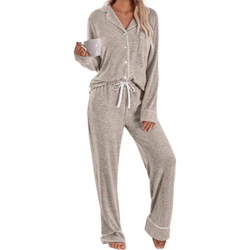 LILLUSORY Women's Long Sleeve Cotton Pajama Sets Lounge Sleepwear 2026 Fall | Soft Button-Down Top & Comfortable Drawstring Pants with Pockets, Fall and Winter Casual Lounge Sets