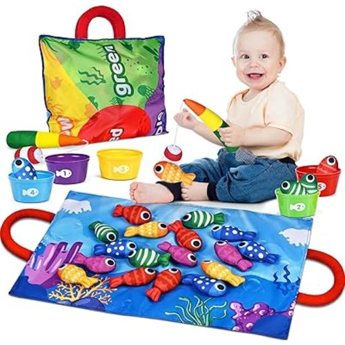 Montessori Toys for 1 2 3 Boys Girls, Toddler Learning Fishing Game Toy with Stacking Cups, Double-Side Mat - Number Counting, Color Sorting Toys, Christmas Birthday Educational Gifts for 1-3 Year Old