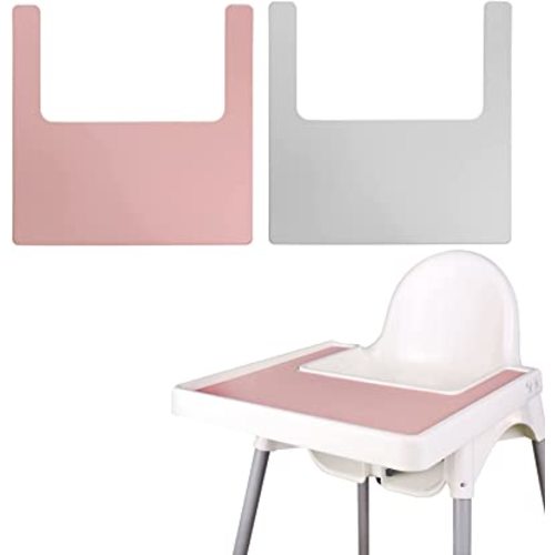 High Chair Placemat, Long Lasting High Chair Placemat Silicone, 2-Piece Set, Can Be Used Interchangeably, Suitable for IKEA Antilop Highchai, for Toddlers and Babies (Pink/Grey)