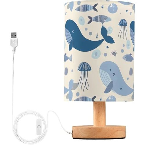 MFTJYO Bedside Table Lamp Whales Jellyfish Blue Ocean Table Lamp for Bedroom Nightstand Lamp with USB Port LED Desk Lamp Shade Living Room Dorm Office