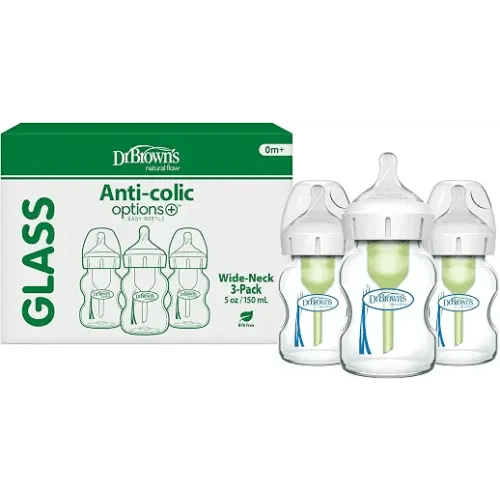 Dr. Brown's Natural Flow Anti-Colic Options+ Wide-Neck Glass Baby Bottles 5 oz/150 mL, with Level 1 Slow Flow Nipple, 3 Pack, 0m+