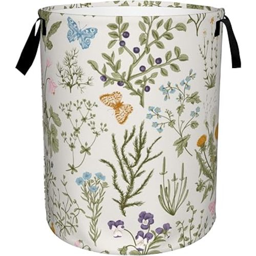 Herbs Wild Flowers Laundry Basket,Vintage Floral Foldable Laundry Hamper Waterproof Oxford Cloth Tote Bag,Clothes Storage Bucket Decorative Toy Organizer For Bathroom Bedroom 16" x 20"
