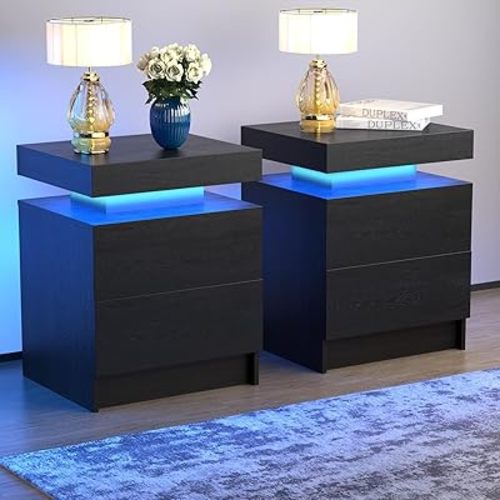LED Nightstands Set of 2, Modern Black Night Stand End Tables with APP & Remote Control LED Lighting, 2 Drawers, Open Shelf Storage, Bedside Tables for Bedroom & Living Room