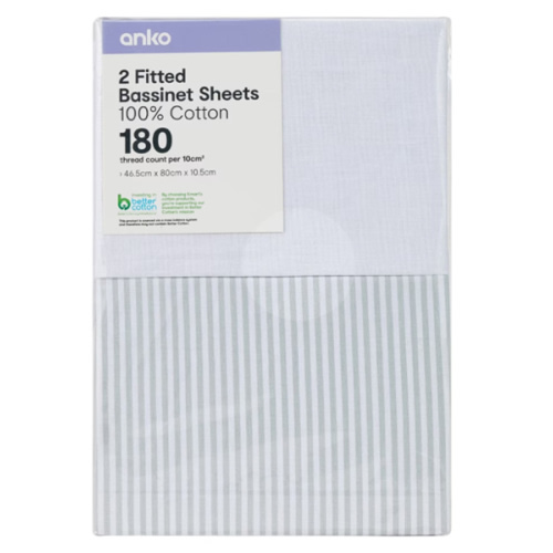 2 Pack Cotton Fitted Bassinet Sheets - White and Stripe