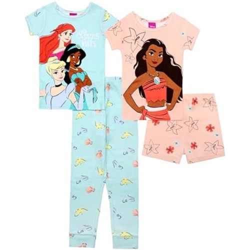 Disney Girls' 4-piece Snug-fit Cotton Matching Pajama Set, Soft & Cute for Kids