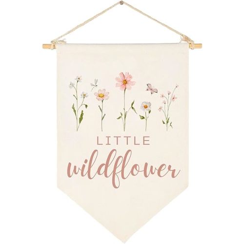 Wildflower Nursery Decor Baby Stuff, Boho Girls Decor, Wildflower Flag Sign, Canvas Banner Wall Decor for Baby Shower, Birthday Party
