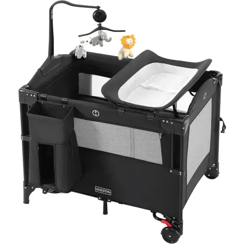 HARPPA Pack and Play 5 in 1, Portable Baby Playard for Travel, Baby Bassinet Bedside Sleeper with Mattress, Rolling Bassinet for Infant, Pack n Play with Changing Table, Bed Crib(Black)
