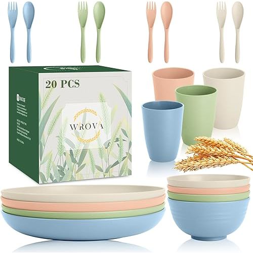 Wrova Wheat Straw Kids Plates and Bowls Sets,Unbreakable Kids Dinnerware sets with Flatwares,Lightweight Reusable Camping Plates and Bowls Sets.Nordic Series