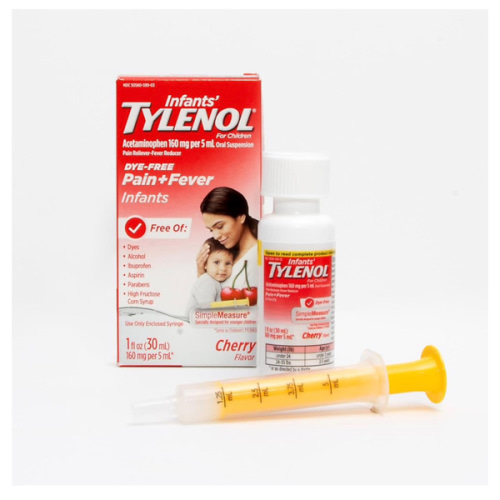 Infants' Tylenol Oral Suspension Liquid Medicine with Acetaminophen, Baby Fever Reducer & Pain Reliever for Minor Aches & Pains, Sore Throat, Headache & Teething Pain, Dye-Free Cherry, 1 fl. oz
