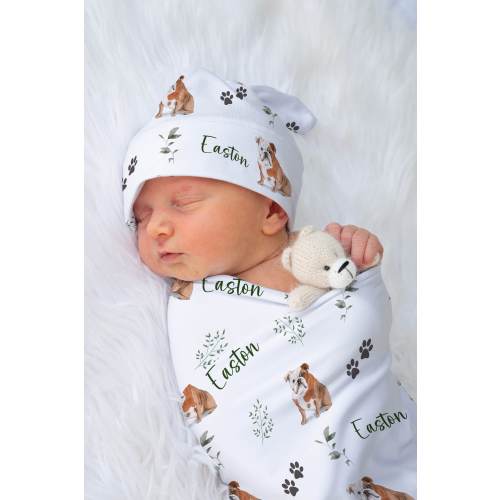 English Bulldog Swaddle Blanket With Name Bull Dog Swaddle Custom Dog Baby Shower Gift For Baby Boy Girl Name Blanket | Greenery