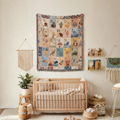 ABC Alphabet Woven Tapestry, Vintage Patchwork Effect Nursery Wall Hanging, Kids Learning Blanket Decor