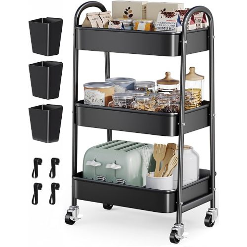 Heavy Duty 3 Tier Rolling Cart Metal with Wheels,Three Tiered Rolling Carts